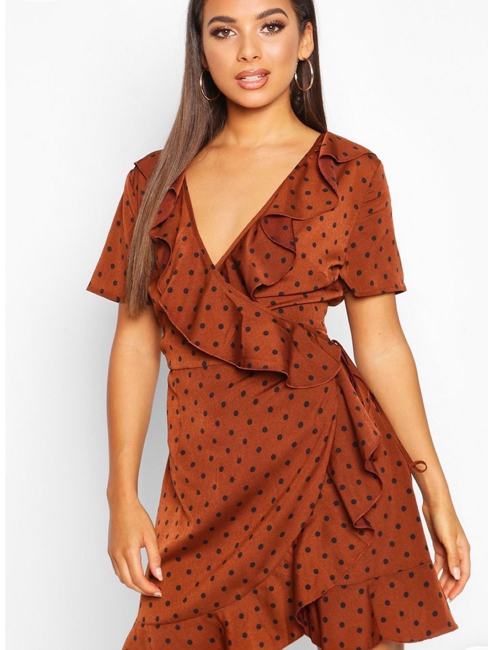 Brown Chocolate Polka Dot Ruffle Wrap Mini Dress